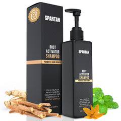 SPARTAN Root Activator Shampoo, botella para uso diario y limpieza del cuero cabelludo.