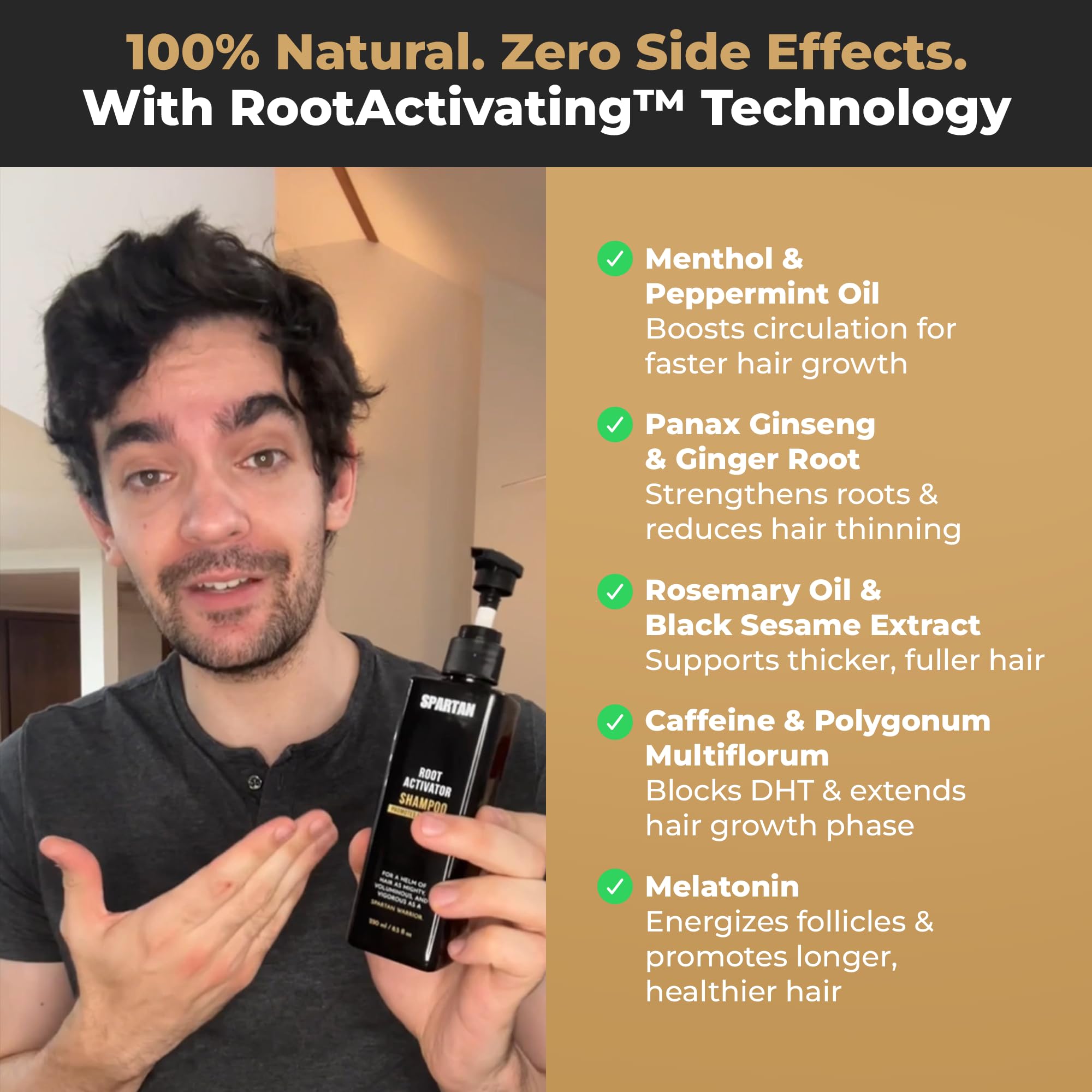 SPARTAN Root Activator Shampoo cuida el cuero cabelludo con extracto de hojas para nutrir.