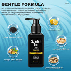 SPARTAN HAIR shampoo bottle closeup emphasizes plant-based cleansing
