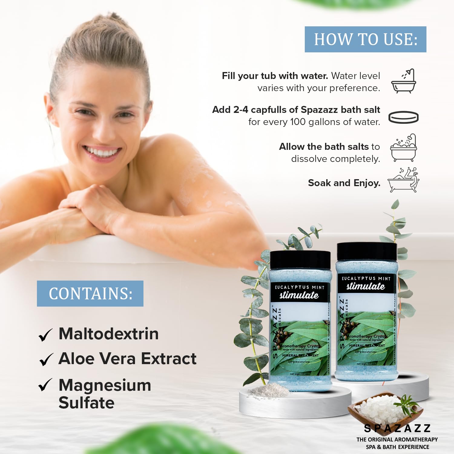 Spazazz uso-exfoliante-hidratante eucalipto-menta para piel suave.