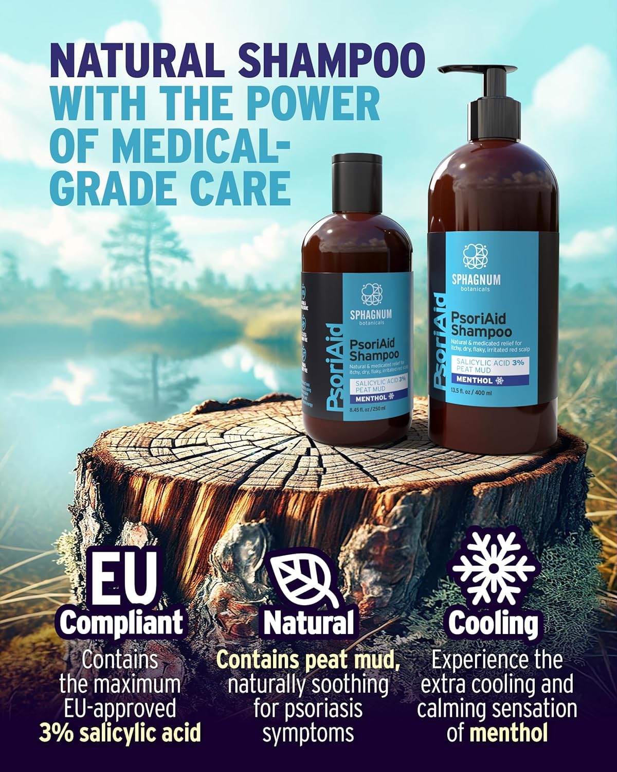 Sphagnum Botanicals Psoriasis Shampoo, aplicación cotidiana, cuidado diario para cuero cabelludo sensible