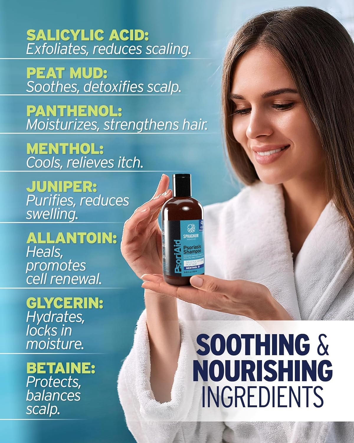Etiqueta verde de Sphagnum Botanicals Psoriasis Shampoo, enfoque en cuidado especializado