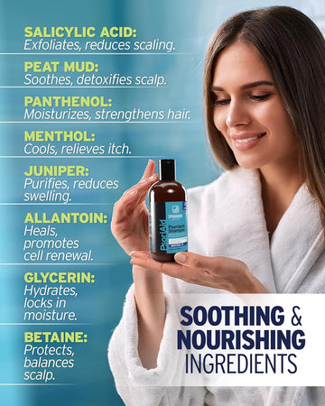 Etiqueta verde de Sphagnum Botanicals Psoriasis Shampoo, enfoque en cuidado especializado