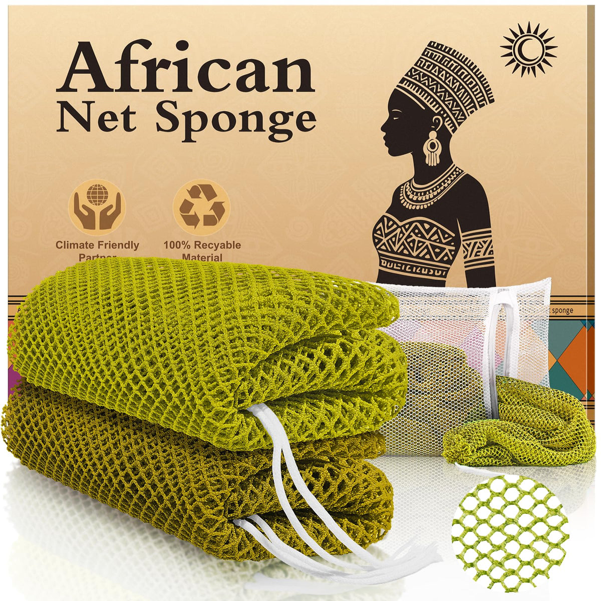 SpiralScgv esponja real africana en verde militar, exfolia suavemente durante la ducha