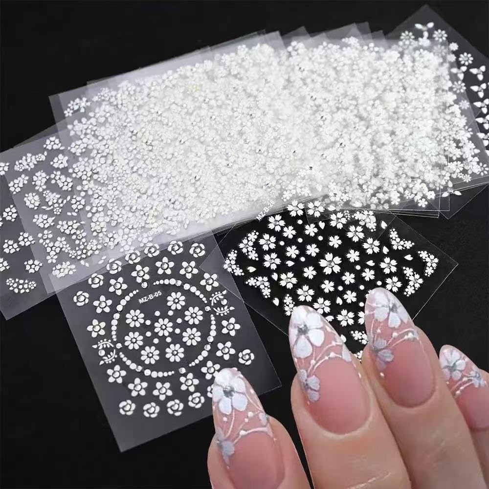 SPLOCUDU calcomanias flor blanca con cristales para uñas con brillo