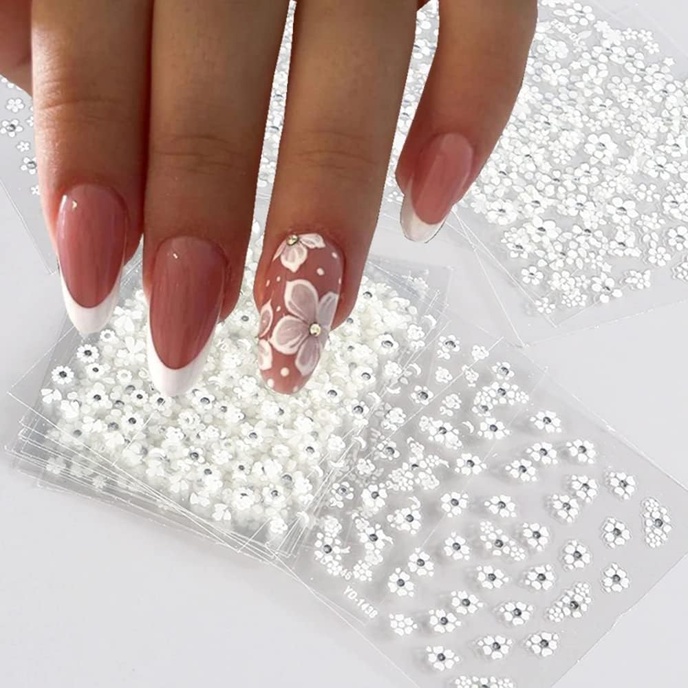 SPLOCUDU pegatinas de flores blancas para uñas, efecto 3D y brillo