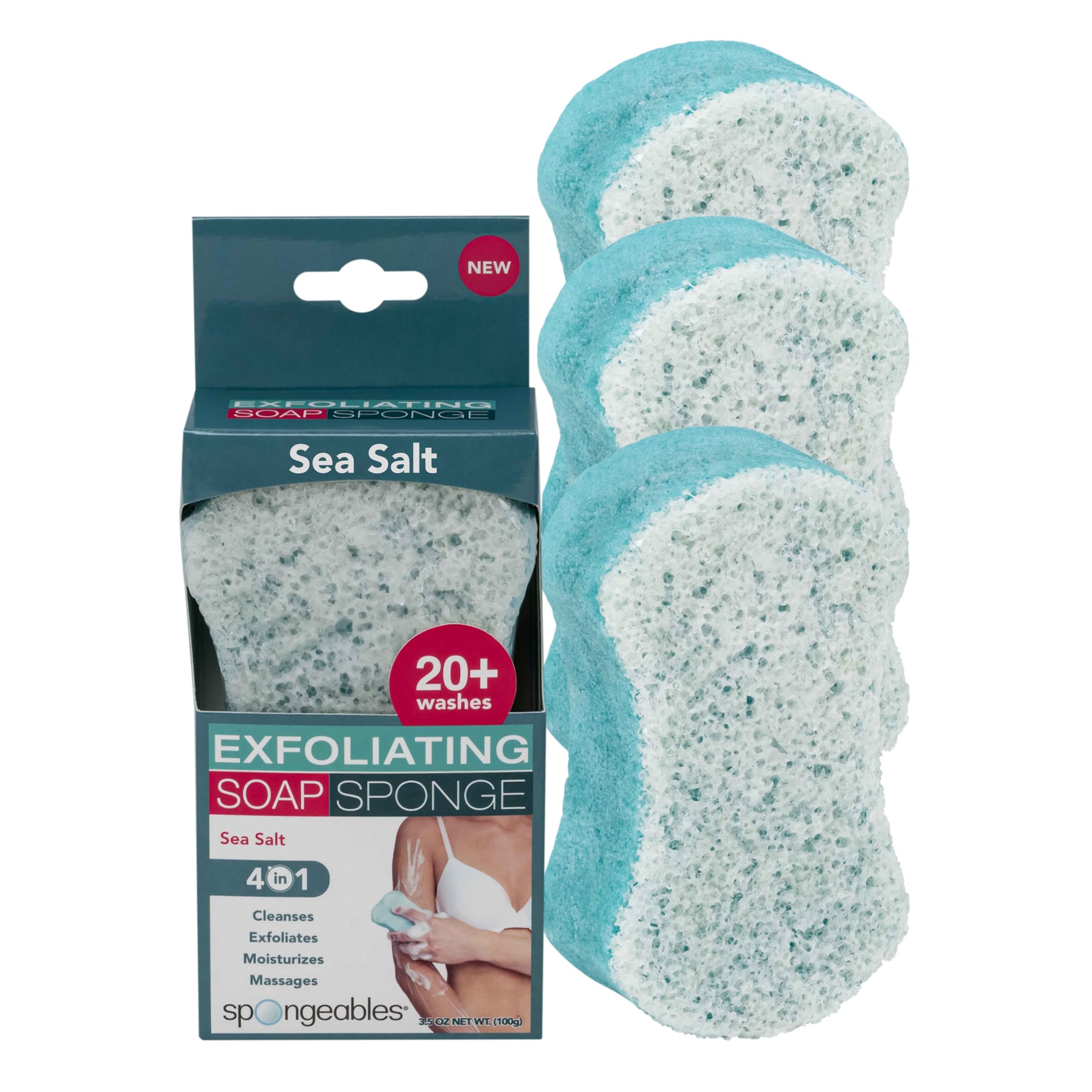 Spongeables sea salt 3 count sponge ready for cleansing and gentle exfoliation.