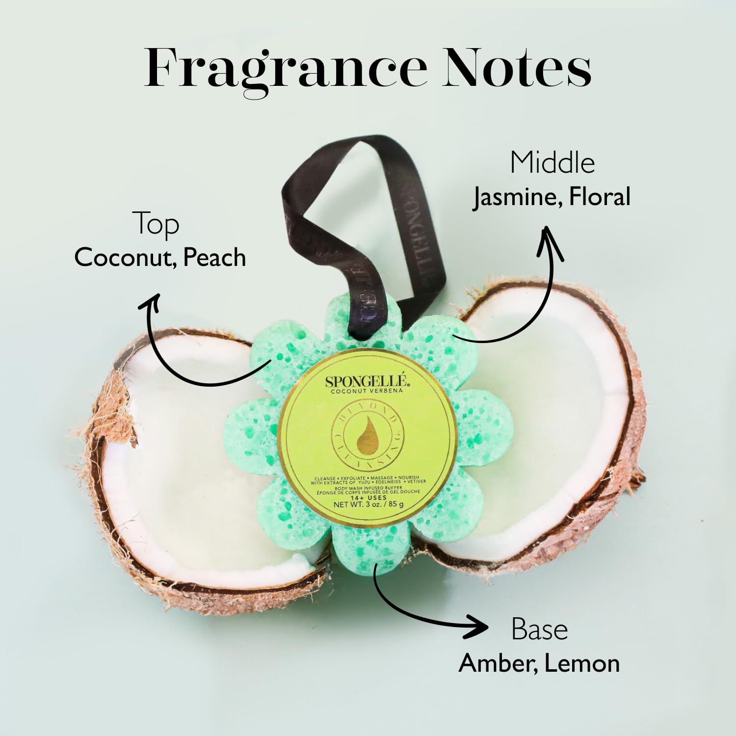 SPONGELLÉ Coco Verbena Flor Silvestre: diseño con asa para aplicar y frotar con comodidad.