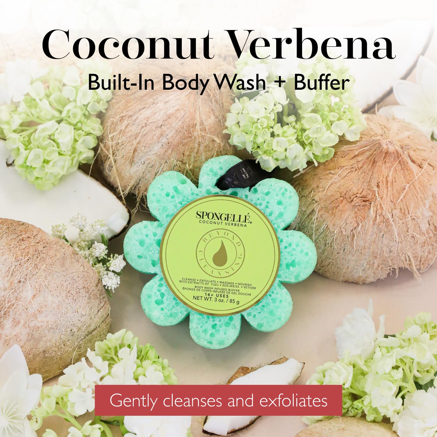 SPONGELLÉ Coco Verbena Flor Silvestre: textura exfoliante visible para una limpieza suave.