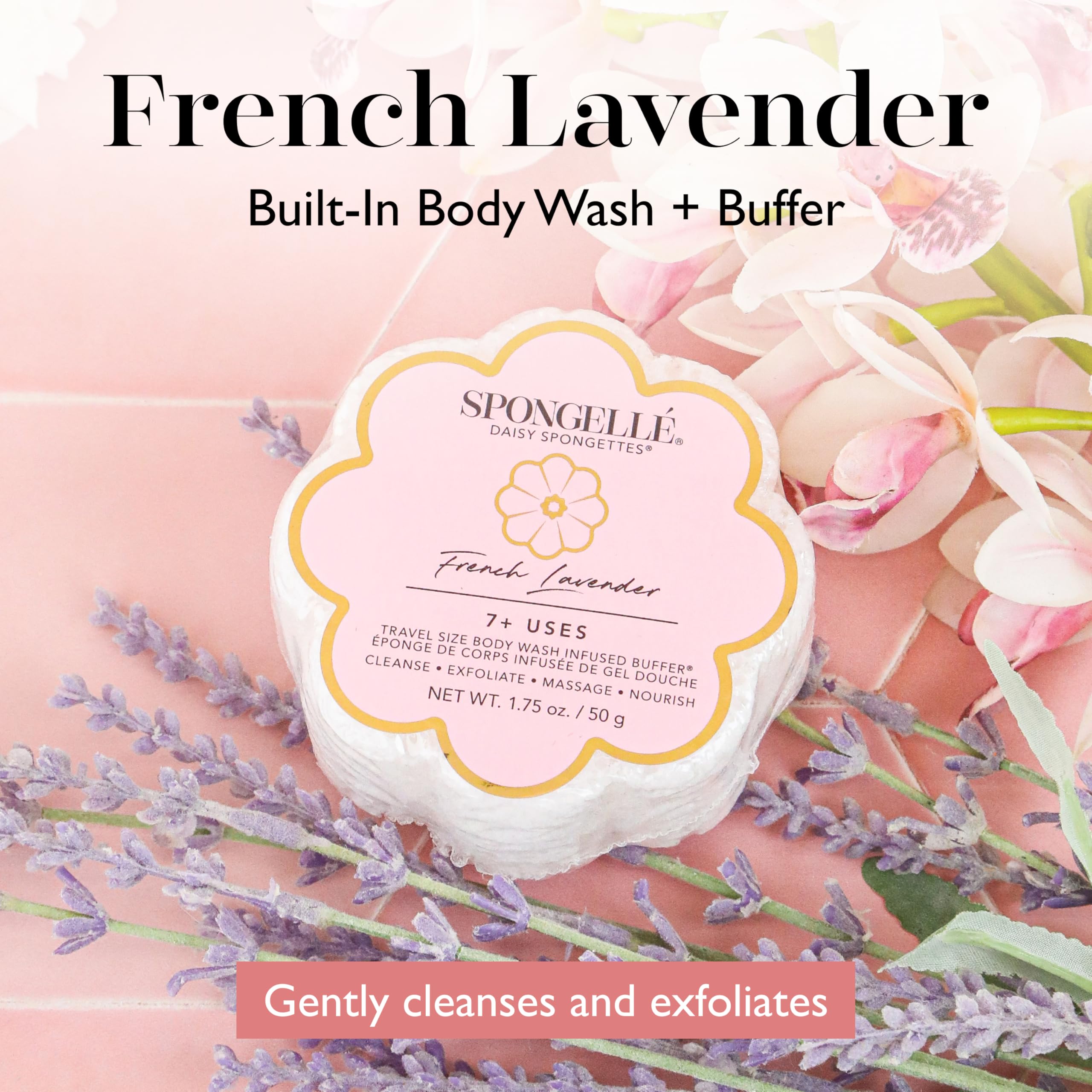 SPONGELLÉ Daisy Spongette French Lavender, textura suave para piel delicada.