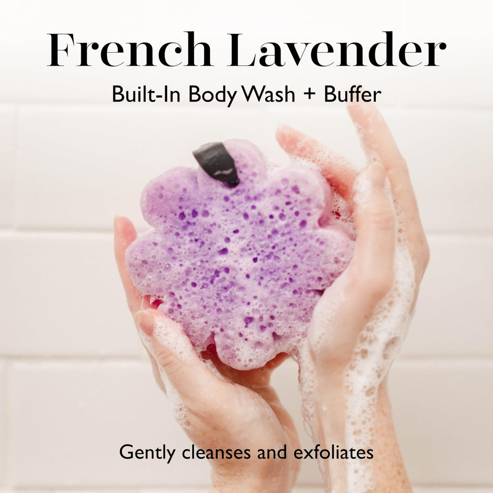 SPONGELLÉ Esponja de doble función para exfoliar y aplicar gel de ducha.