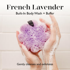 SPONGELLÉ Esponja de doble función para exfoliar y aplicar gel de ducha.