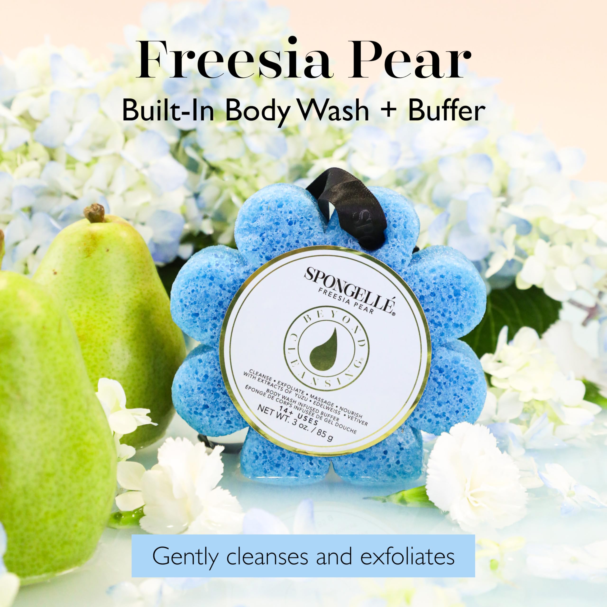 SPONGELLÉ Esponja de ducha con espuma exfoliante para limpieza suave.