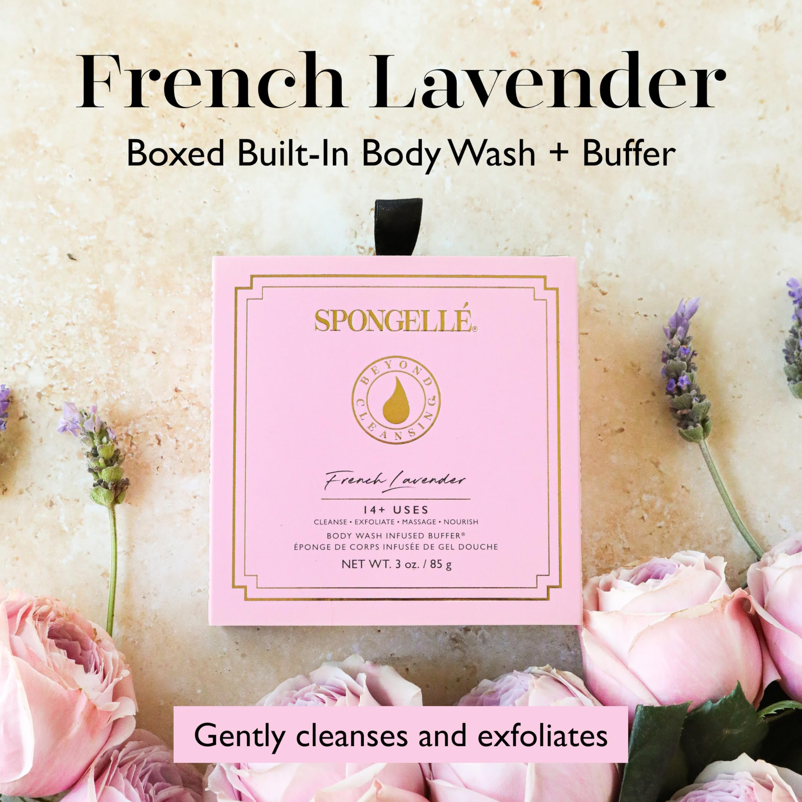 SPONGELLÉ con gel de baño infusionado de lavanda, ducha aromática y práctica.