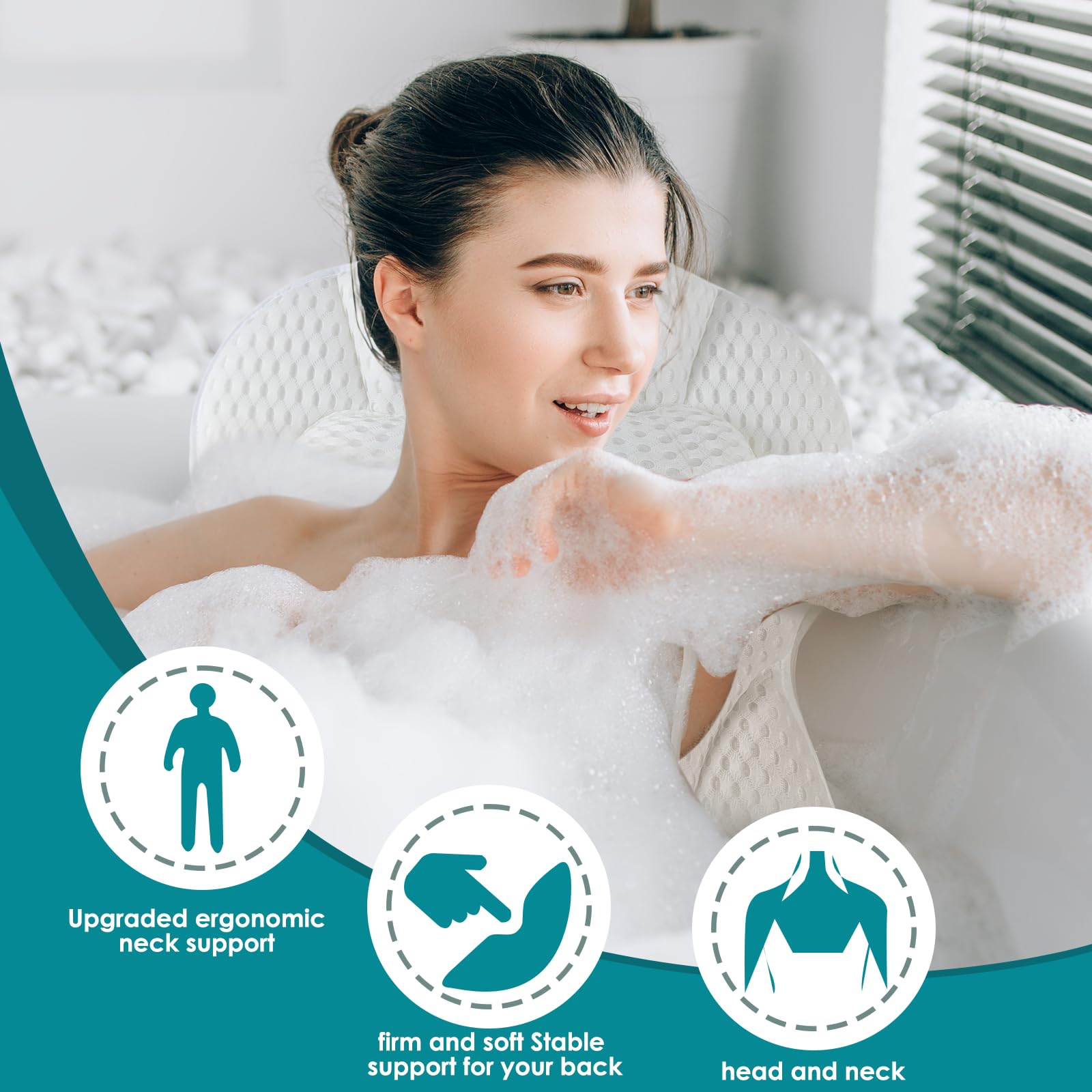 Almohada de baño SQLHM ayuda a aliviar tensión en hombros durante el baño.