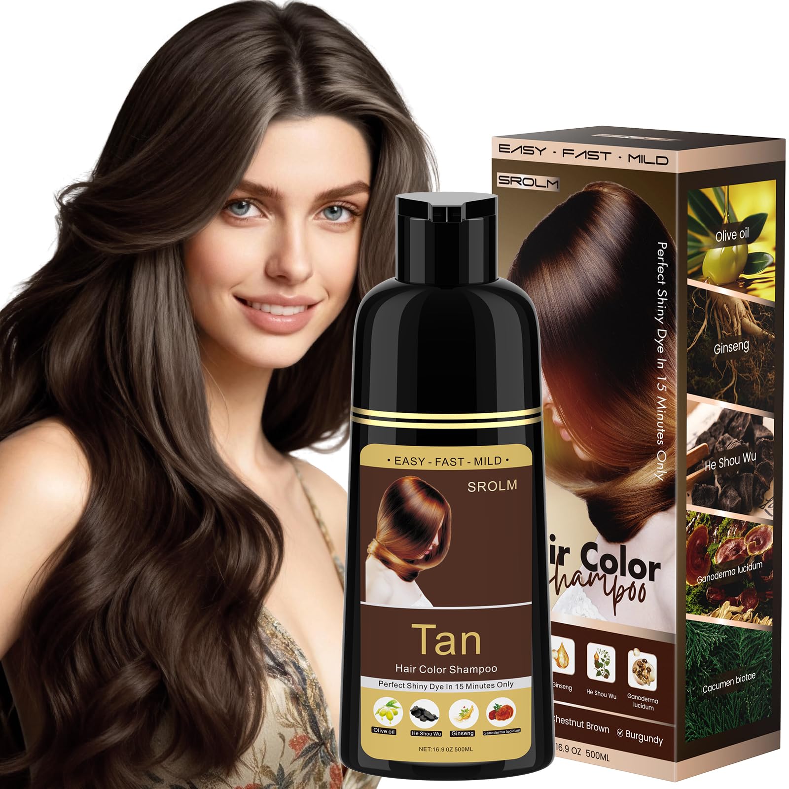 SROLM todo-en-1 tinte para cabello, frente de la botella, color natural y práctico.