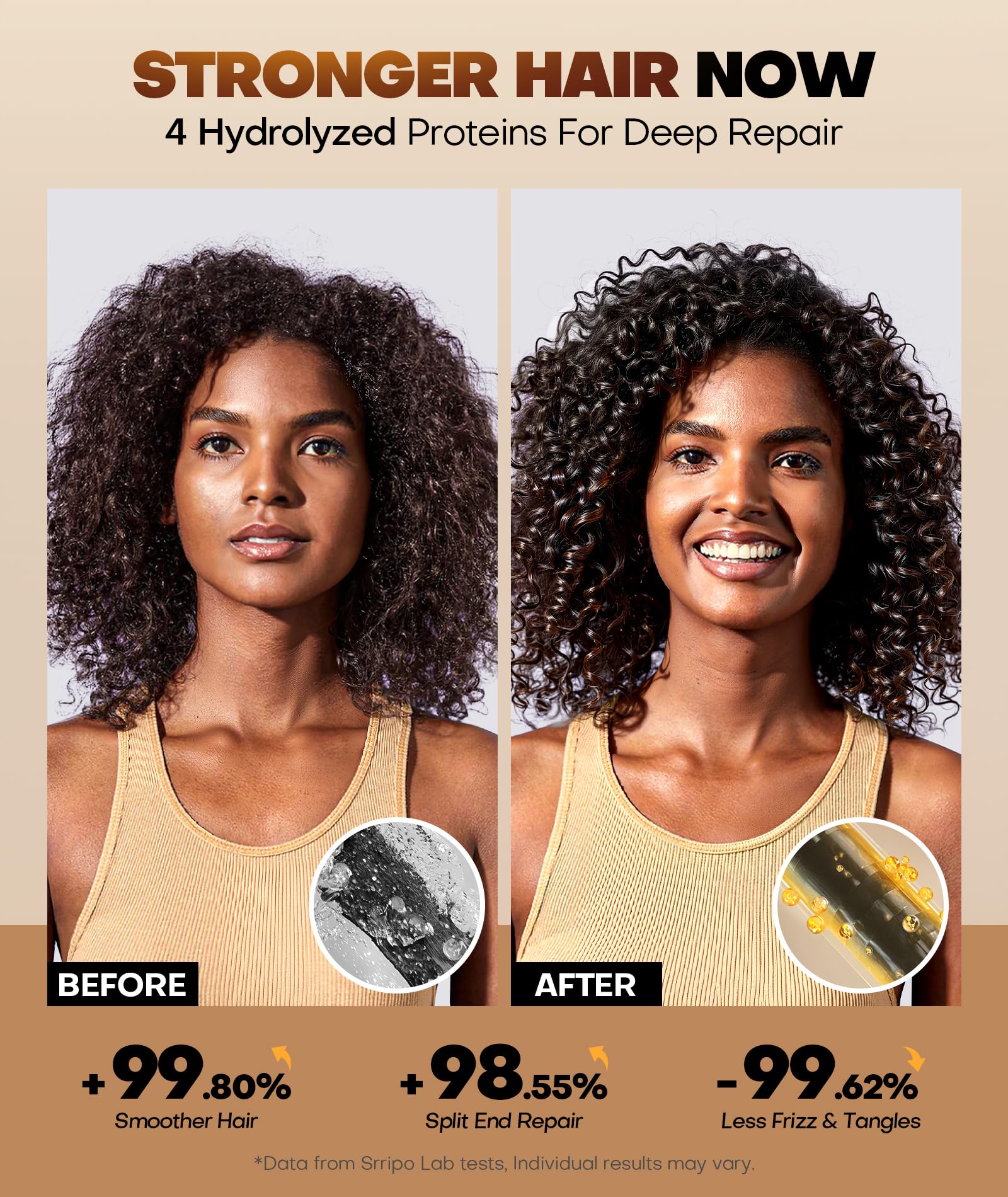 Srripo aplicación de 5-15 minutos en cabello húmedo para tratamiento profundo.