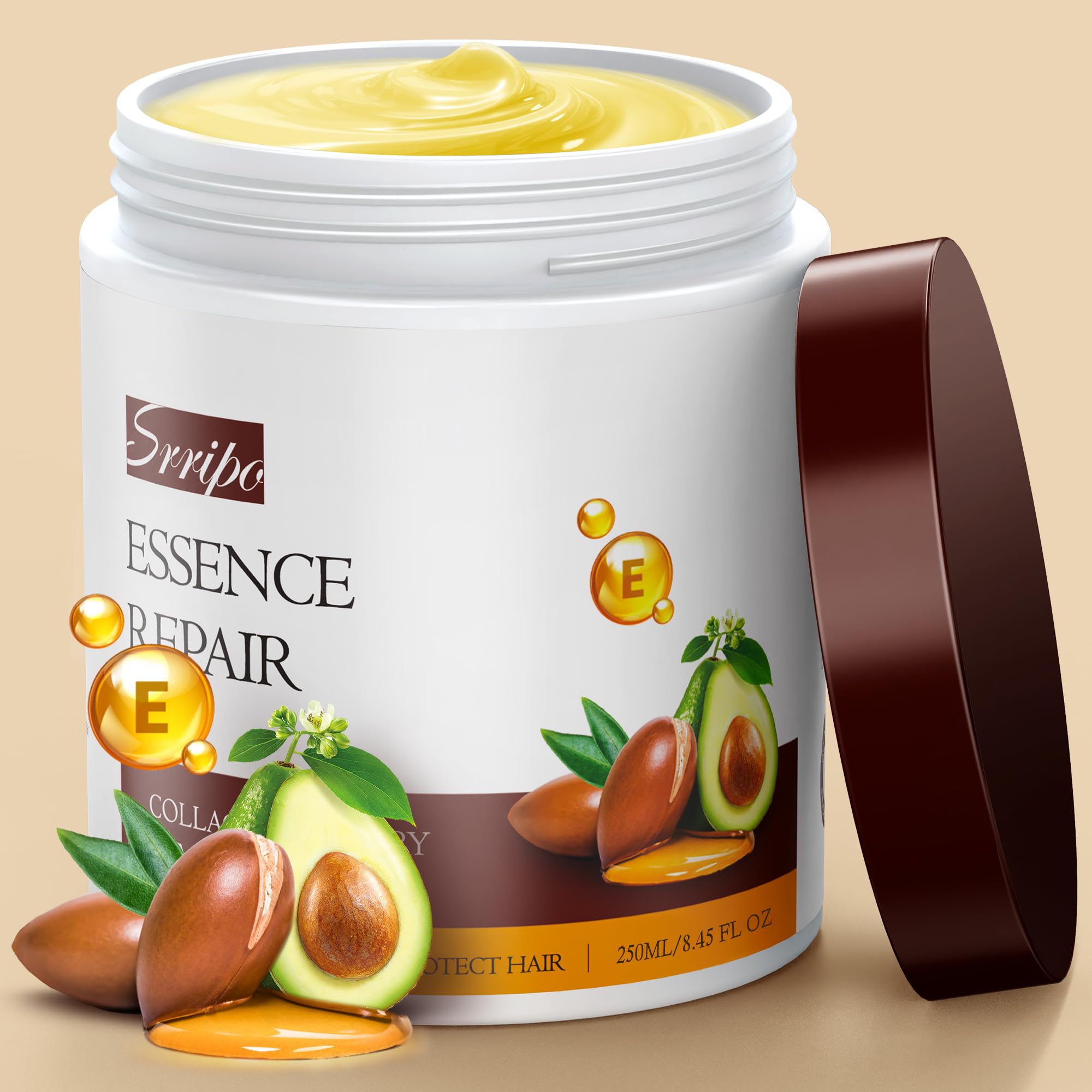 Srripo envase de mascarilla con colágeno, textura suave para cabello dañado.