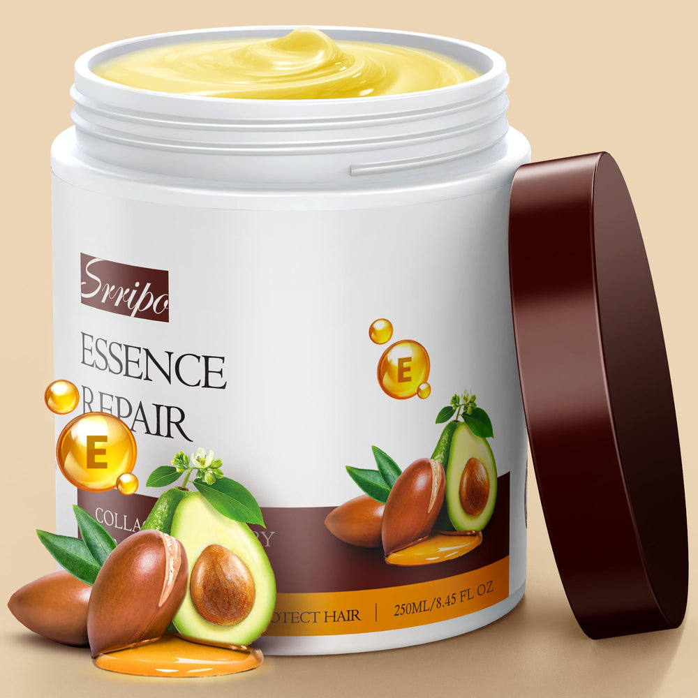 Srripo envase de mascarilla con colágeno, textura suave para cabello dañado.