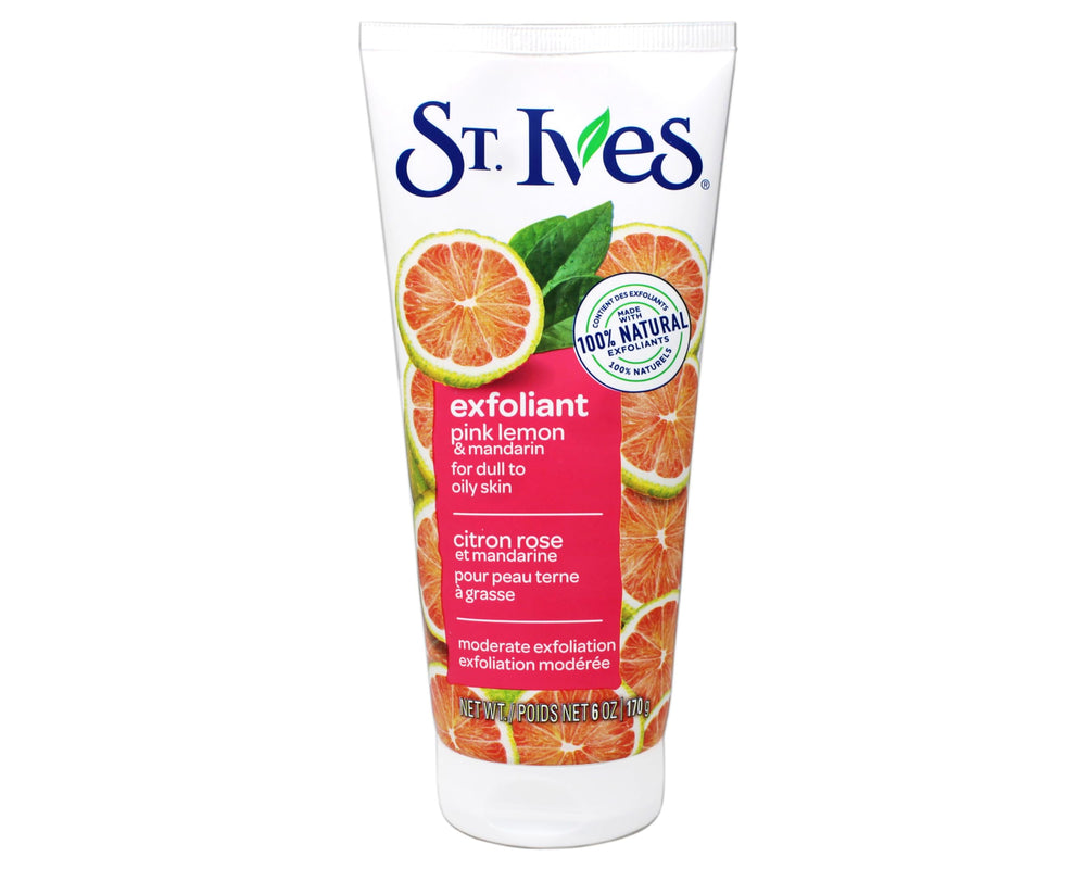 St. Ives exfoliante facial, botella vertiendo, inicio de rutina cítrica