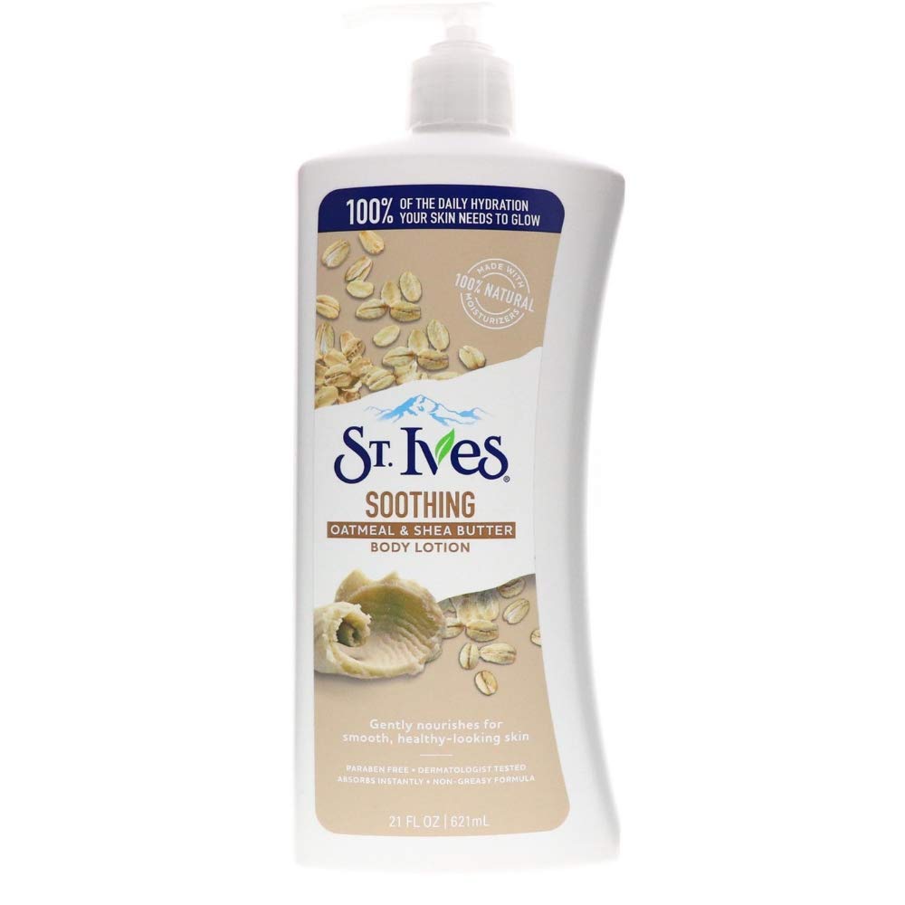 Loción corporal St. Ives con avena y manteca de karité para hidratación diaria.