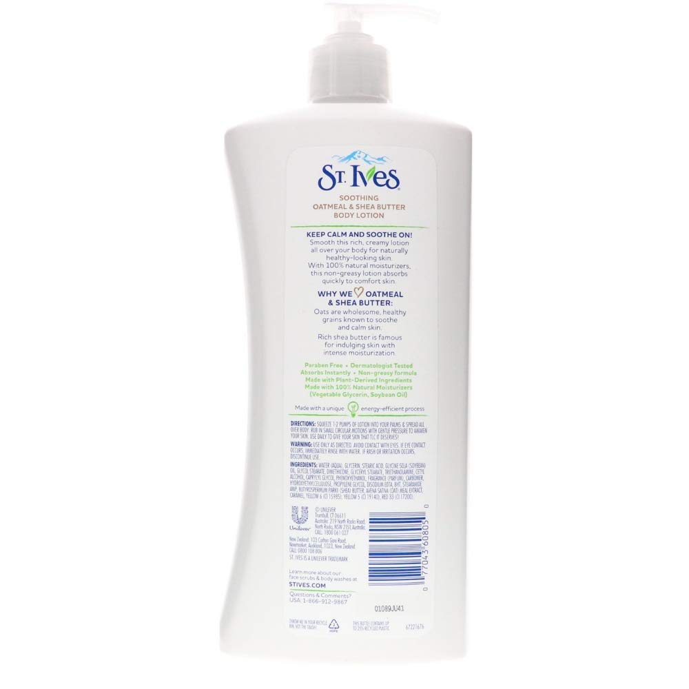 Set de 4 lociones St. Ives avena y manteca de karité para uso diario.
