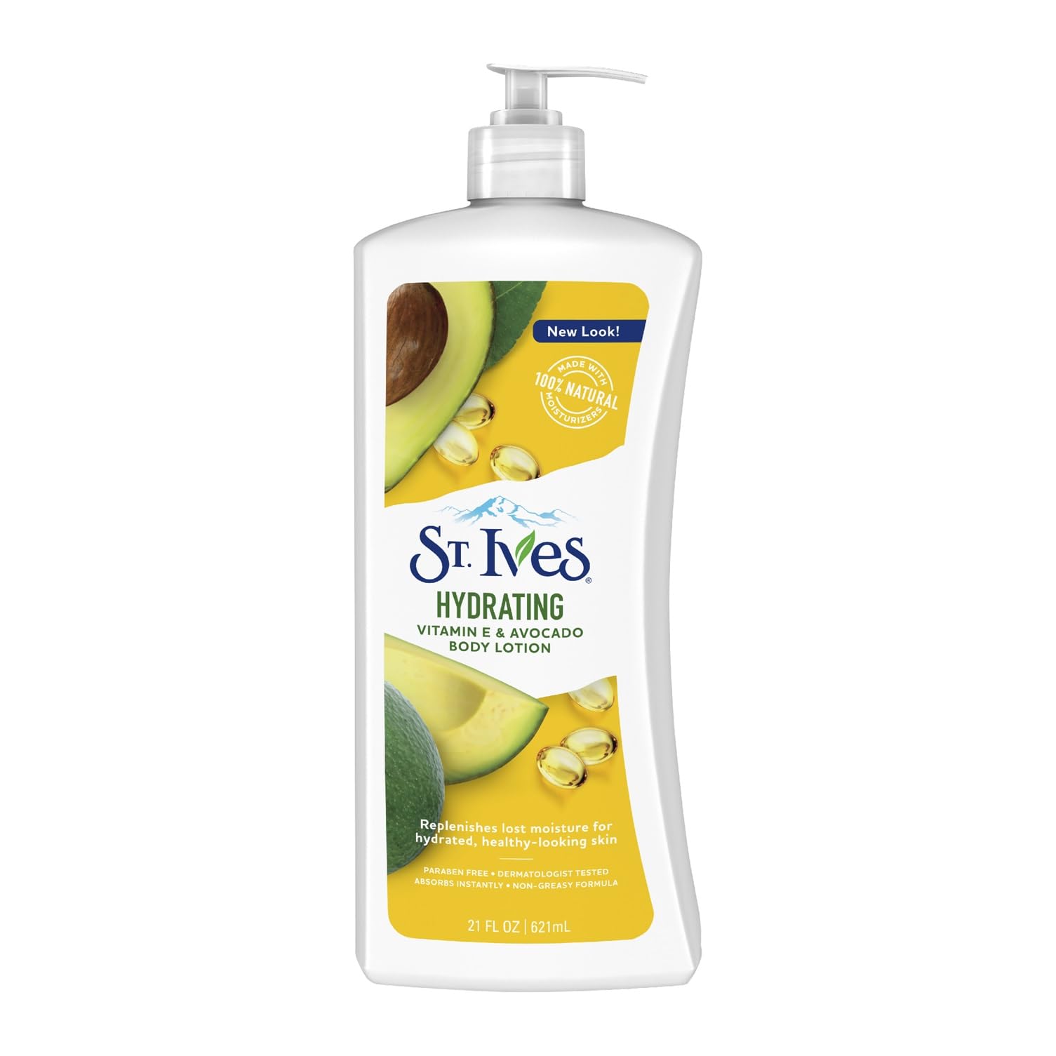 St. Ives Loción hidratante, frasco visible, hidrata manos y cuerpo.