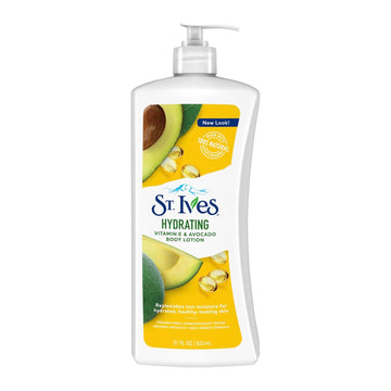 St. Ives Loción hidratante, frasco visible, hidrata manos y cuerpo.