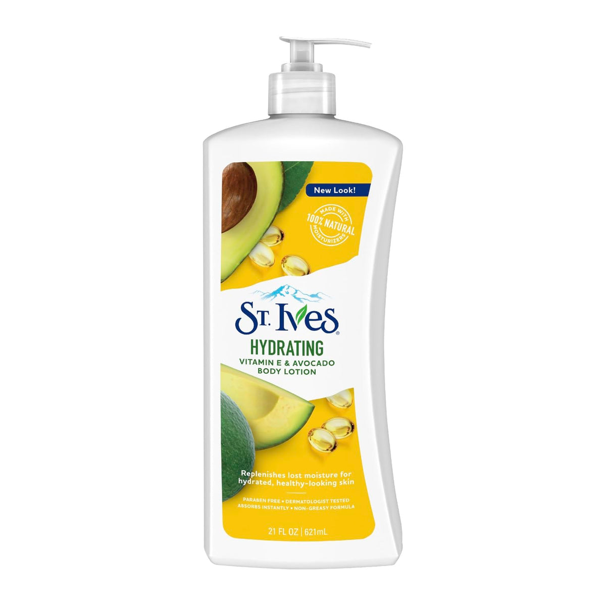 St. Ives Loción hidratante, frasco visible, hidrata manos y cuerpo.