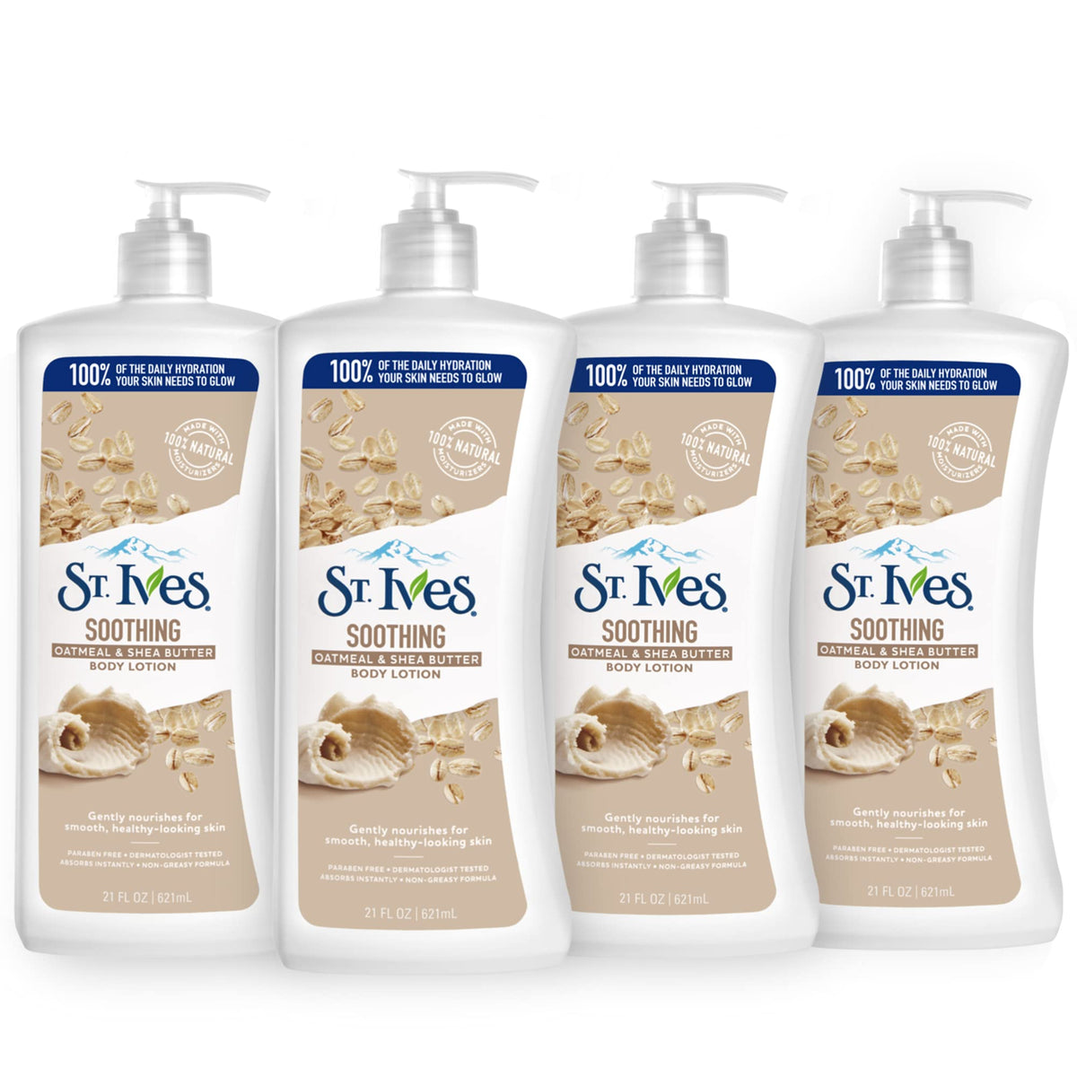 St. Ives lotion apaisante pour mains et corps avec pompe.