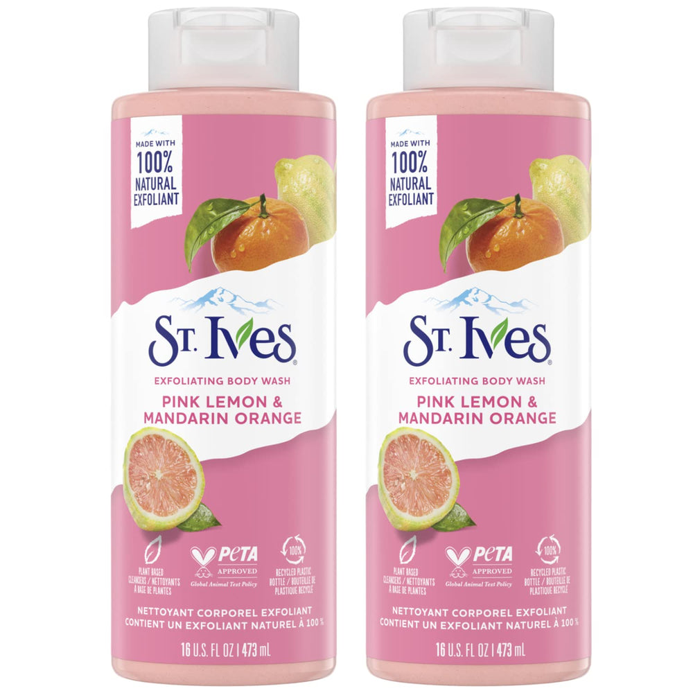 St. Ives pink lemon mandarin exfoliating bottle for radiant skin.