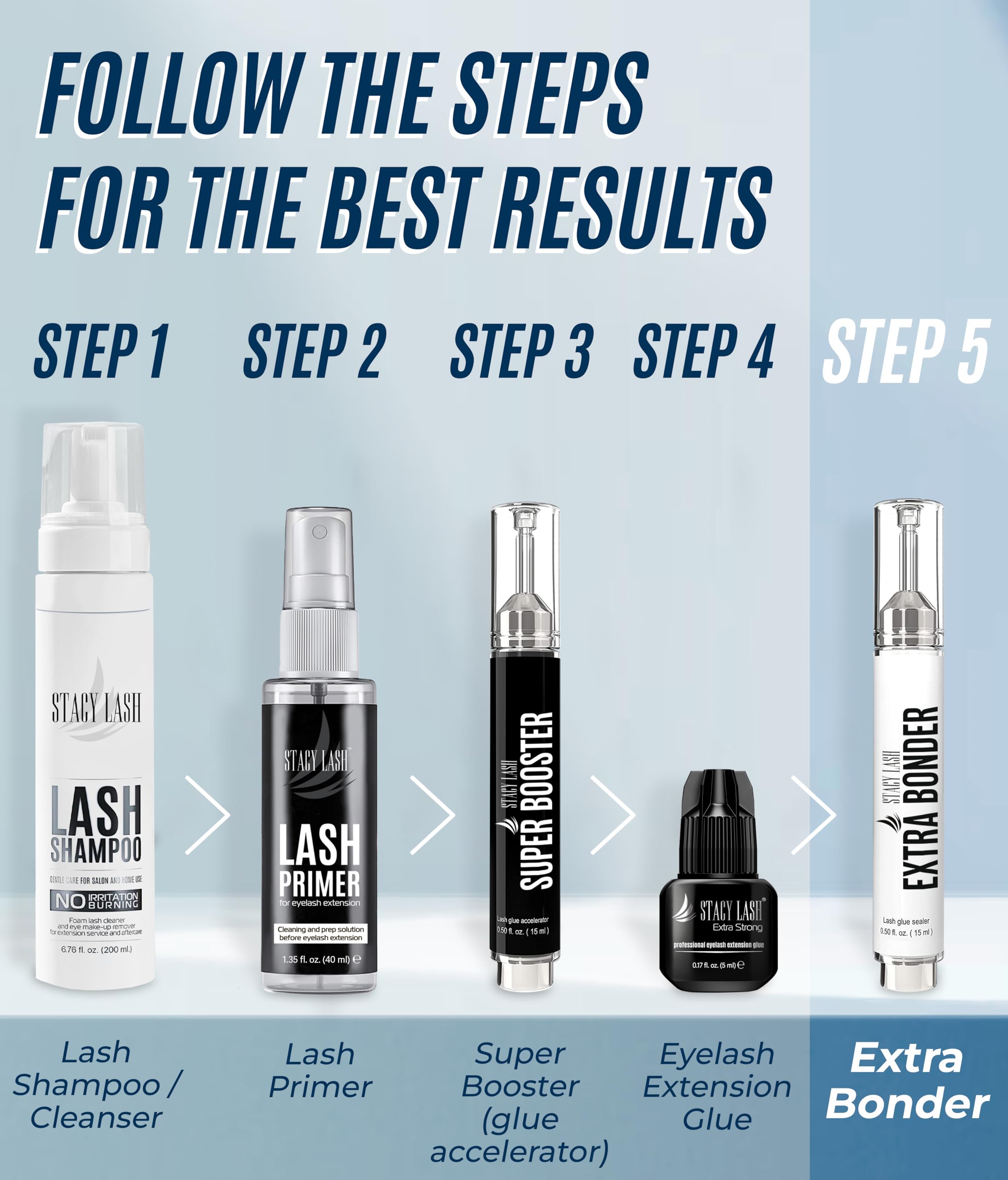STACY LASH Bonder retención fuerte para extensiones más duraderas.