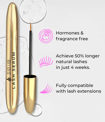Stacy Lash Serum, pestañas naturales fortalecidas con biotina y péptidos.