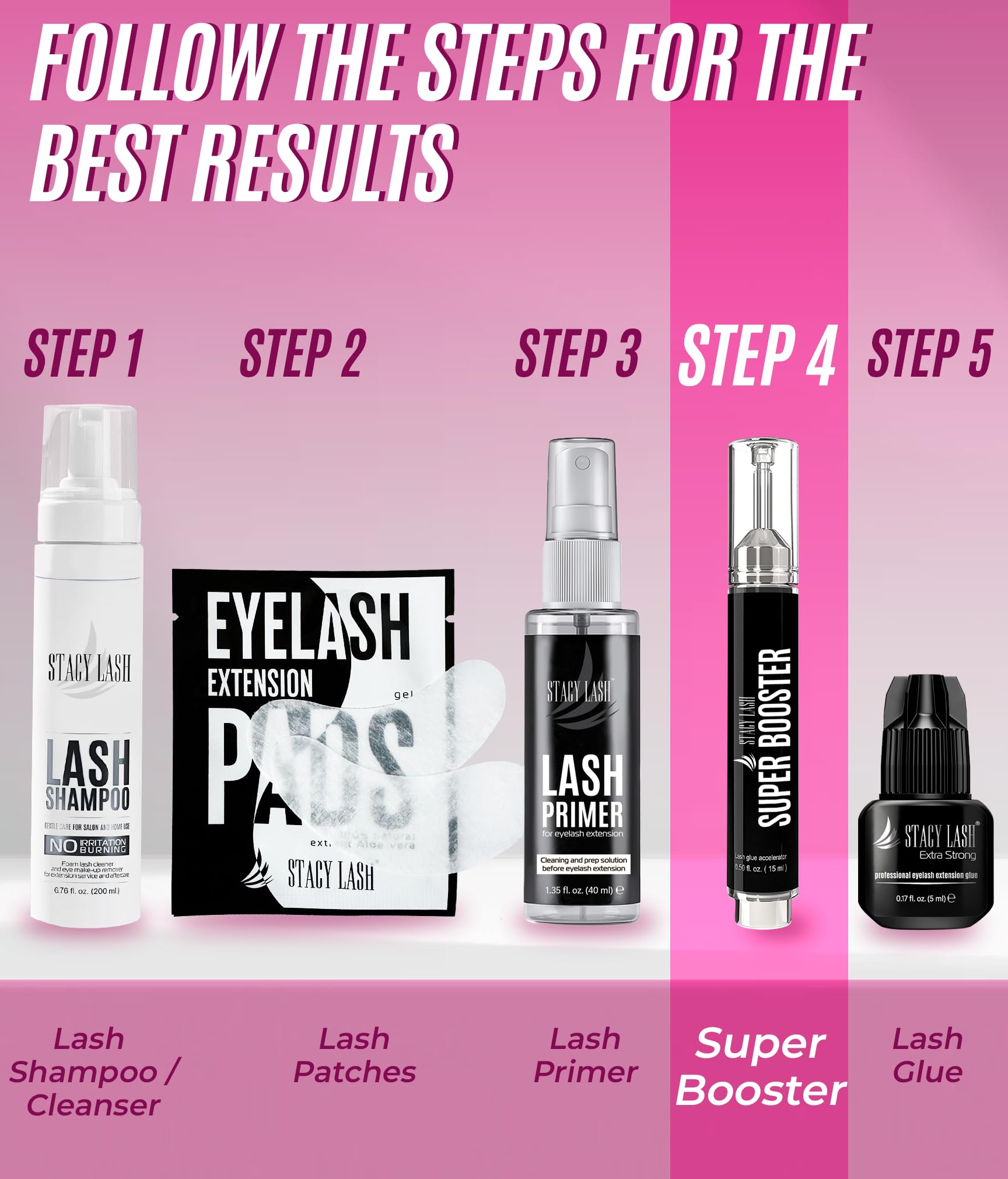 STACY LASH Super Booster fórmula vegana y libre de látex para pestañas suaves.