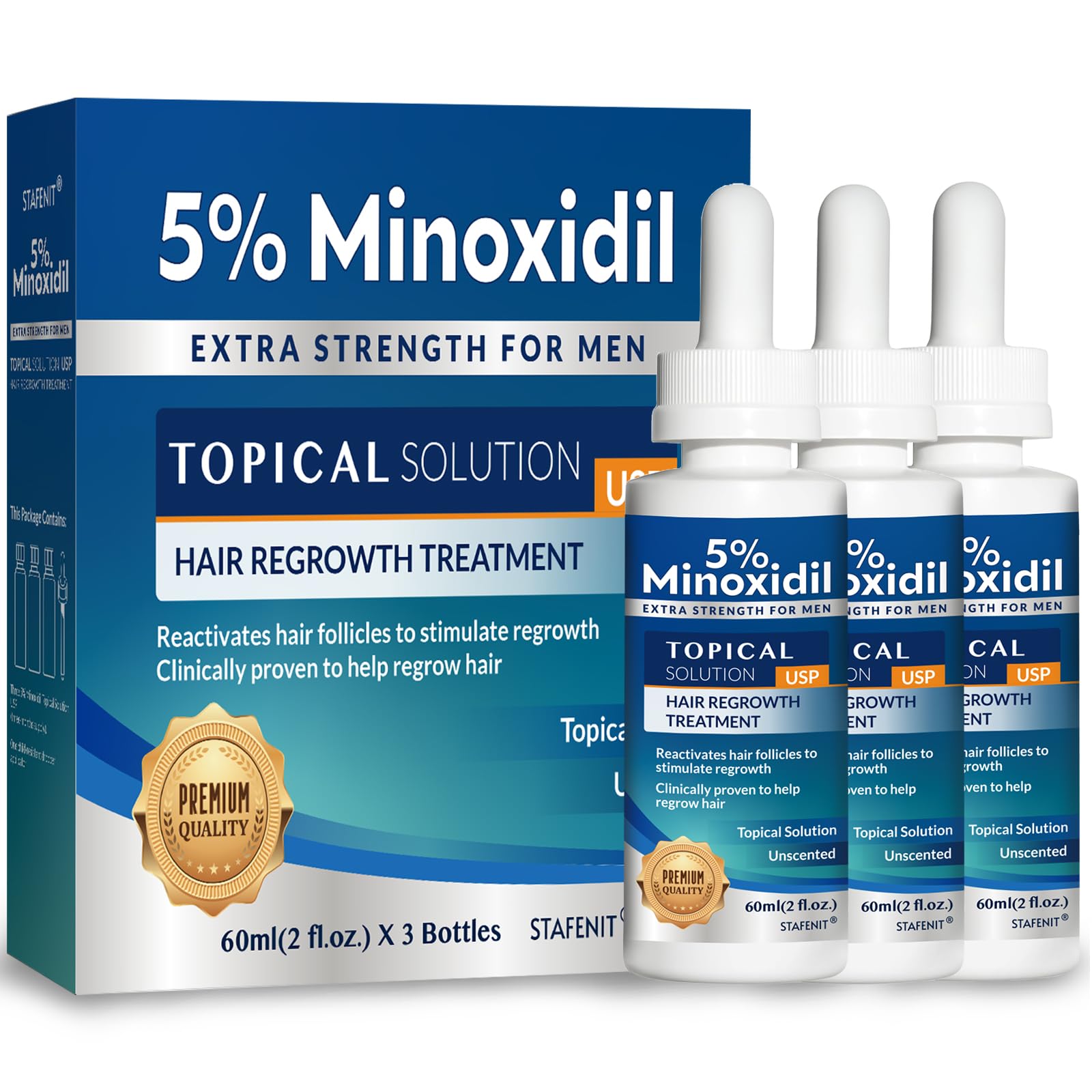 Trois flacons Stafenit Minoxidil 60 ml pour un traitement continu.