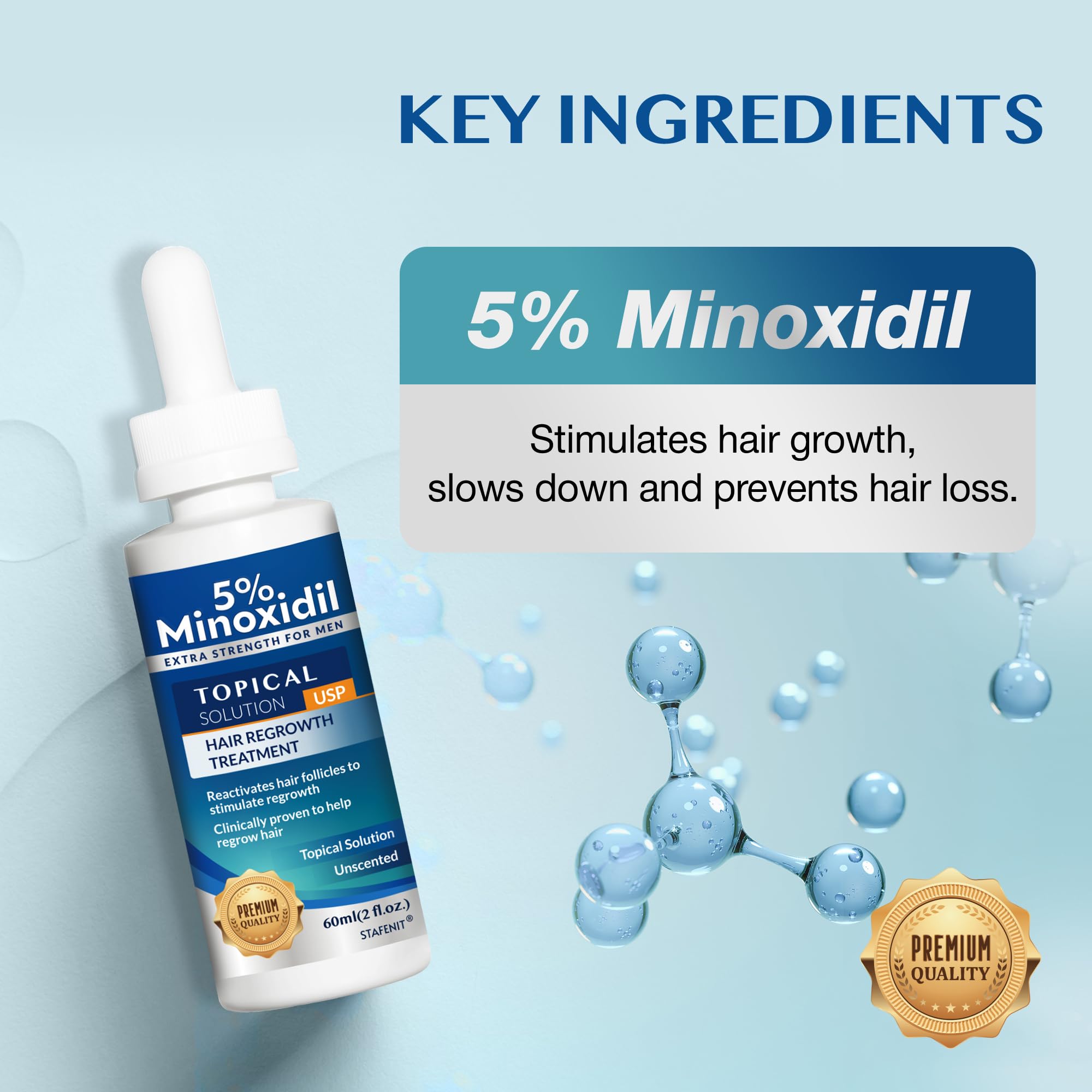 Sérum Minoxidil Stafenit avec pipette pour une application précise.