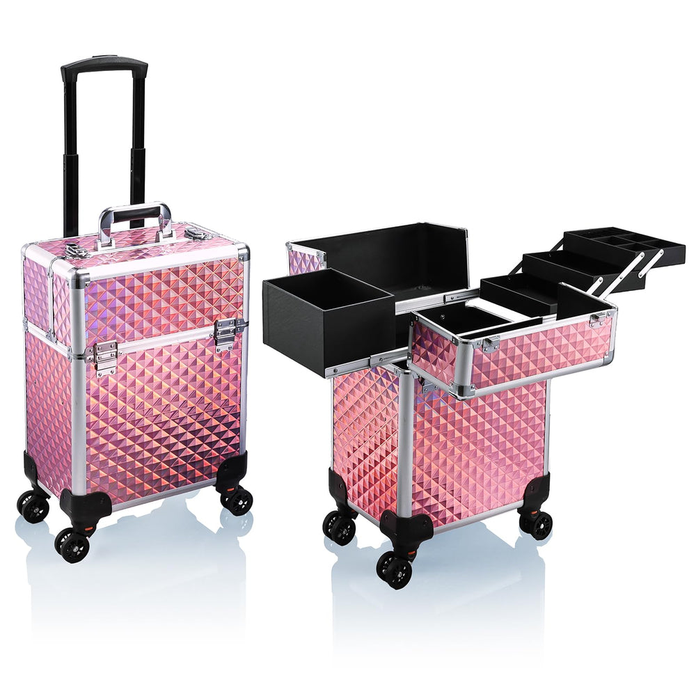 Maleta de maquillaje Stagiant rodante, vista frontal, transporte seguro y cómodo.