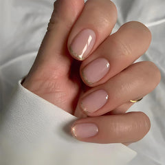 Uñas STBISEN pegadas cortas cuadradas rosas Frances con borde dorado, look diario