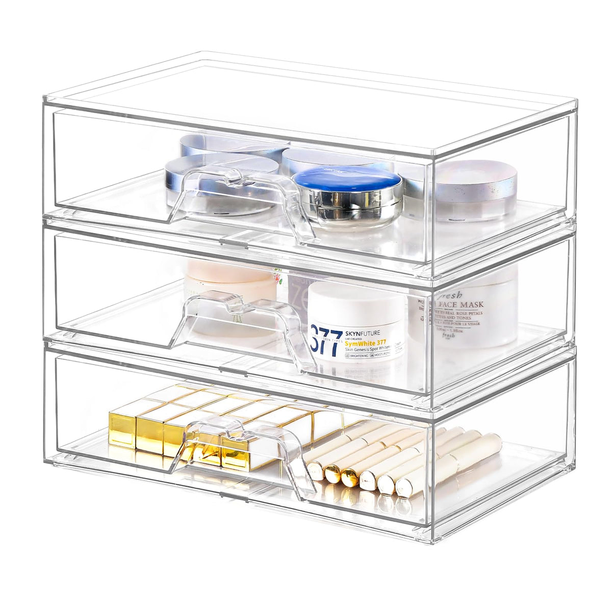Stebopum organizador de maquillaje apilable 3 piezas, vista frontal clara para cosméticos