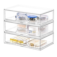 Stebopum organizador de maquillaje apilable 3 piezas, vista frontal clara para cosméticos