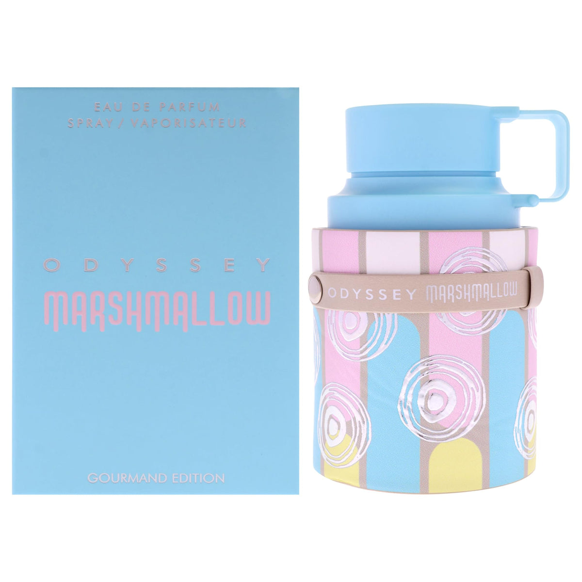 Odyssey Marshmallow Gourmand de Sterling Parfums, frasco elegante para aroma dulce y duradero.