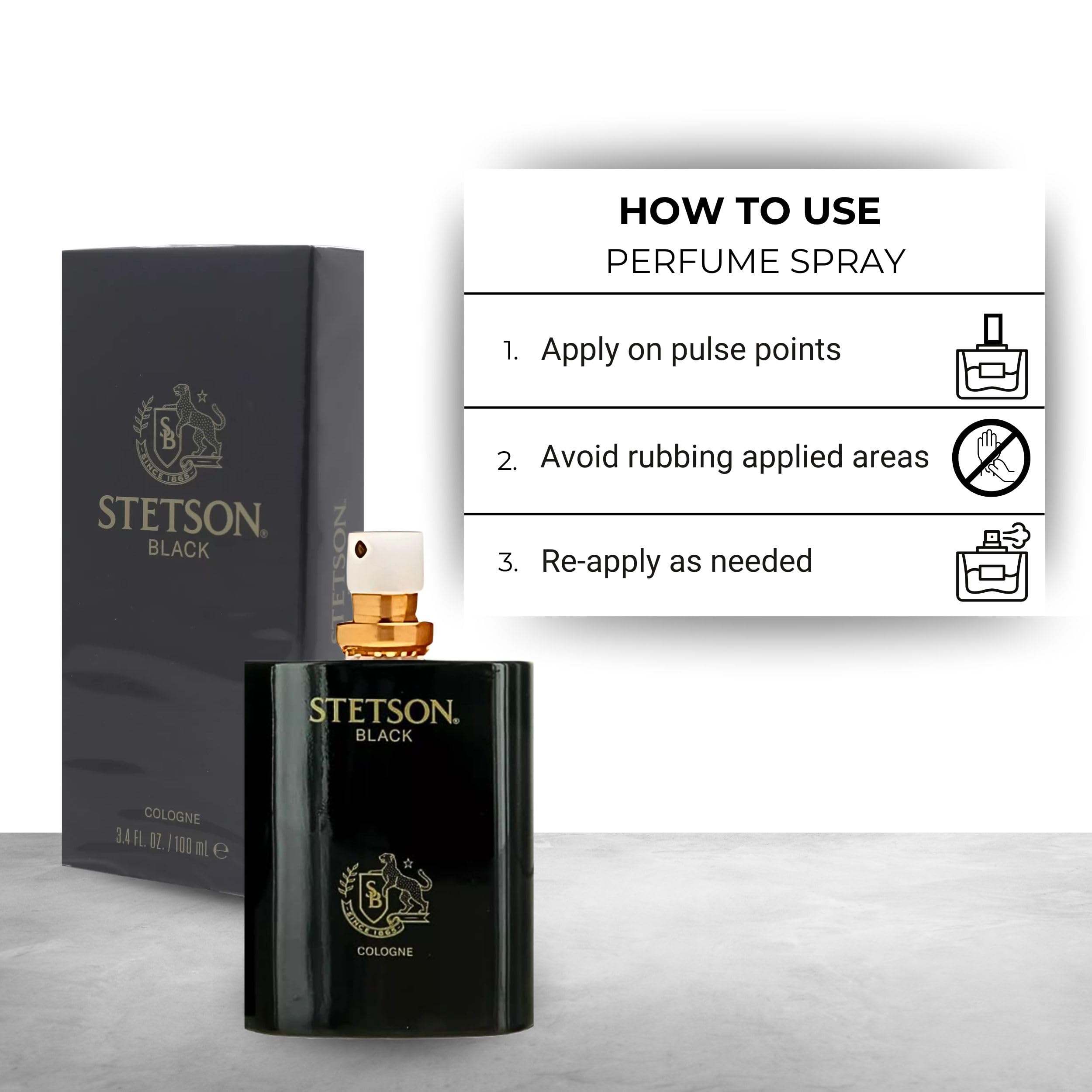 Stetson Black spray on wrist demonstrates quick scent touch-up.