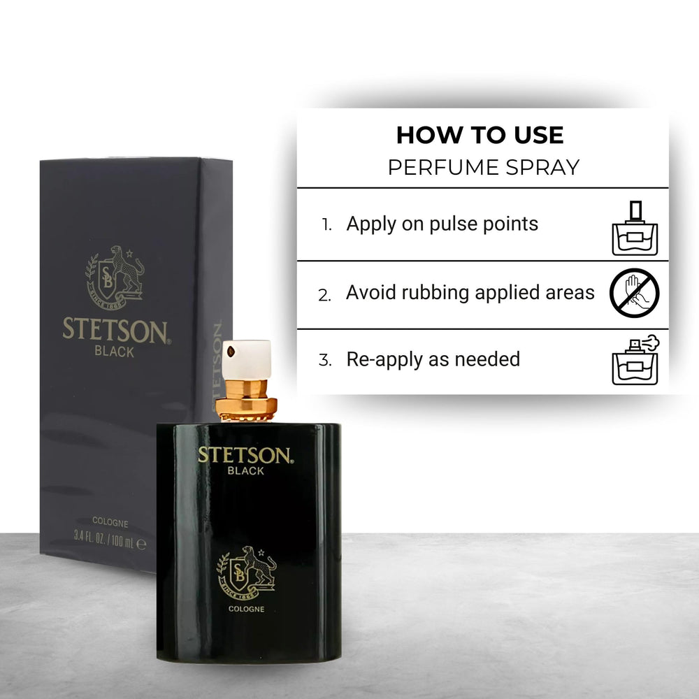 Stetson Black spray on wrist demonstrates quick scent touch-up.