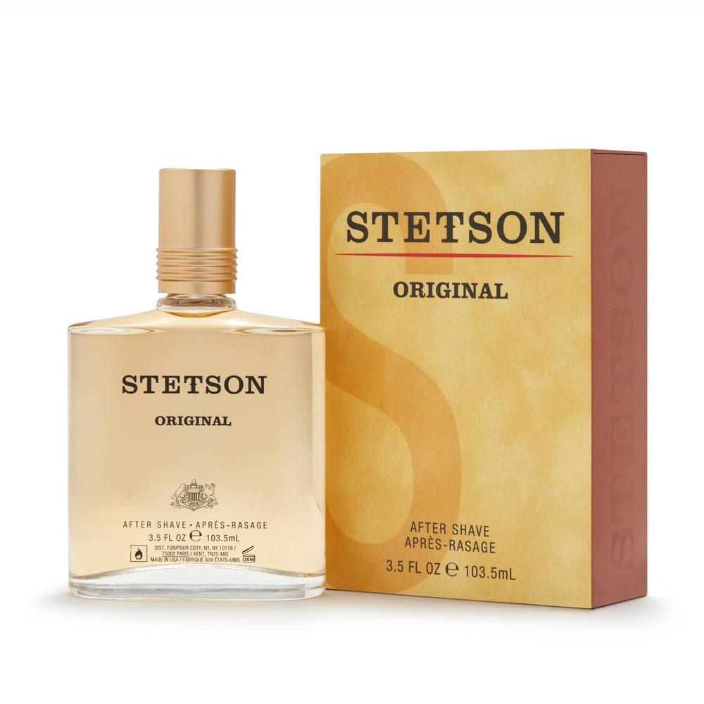 Stetson Original, primer plano de la etiqueta, aroma clásico y duradero.
