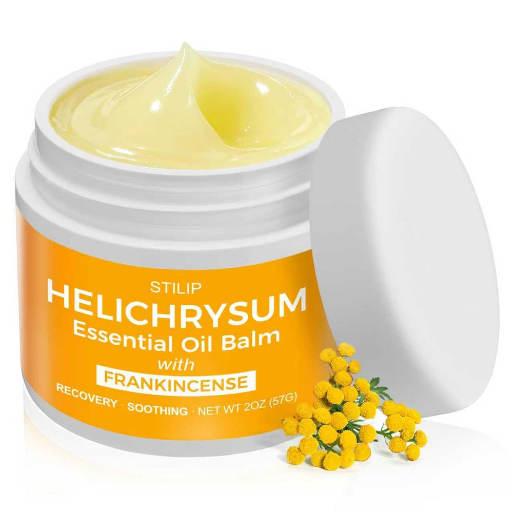 Bálsamo STILIP con helichrysum e incienso, textura cremosa para hidratación duradera.