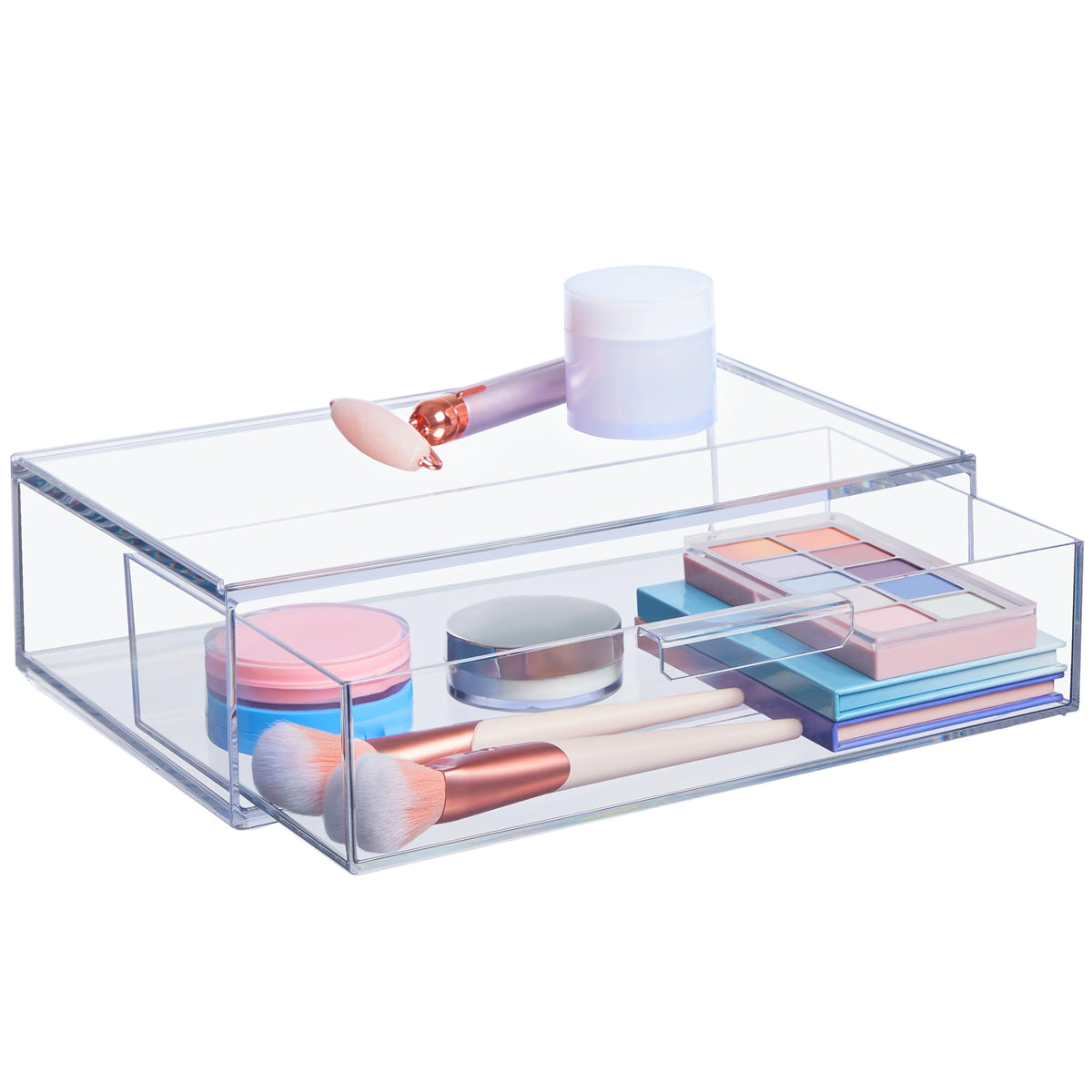 STORi Audrey cajón apilable de plástico claro para maquillaje