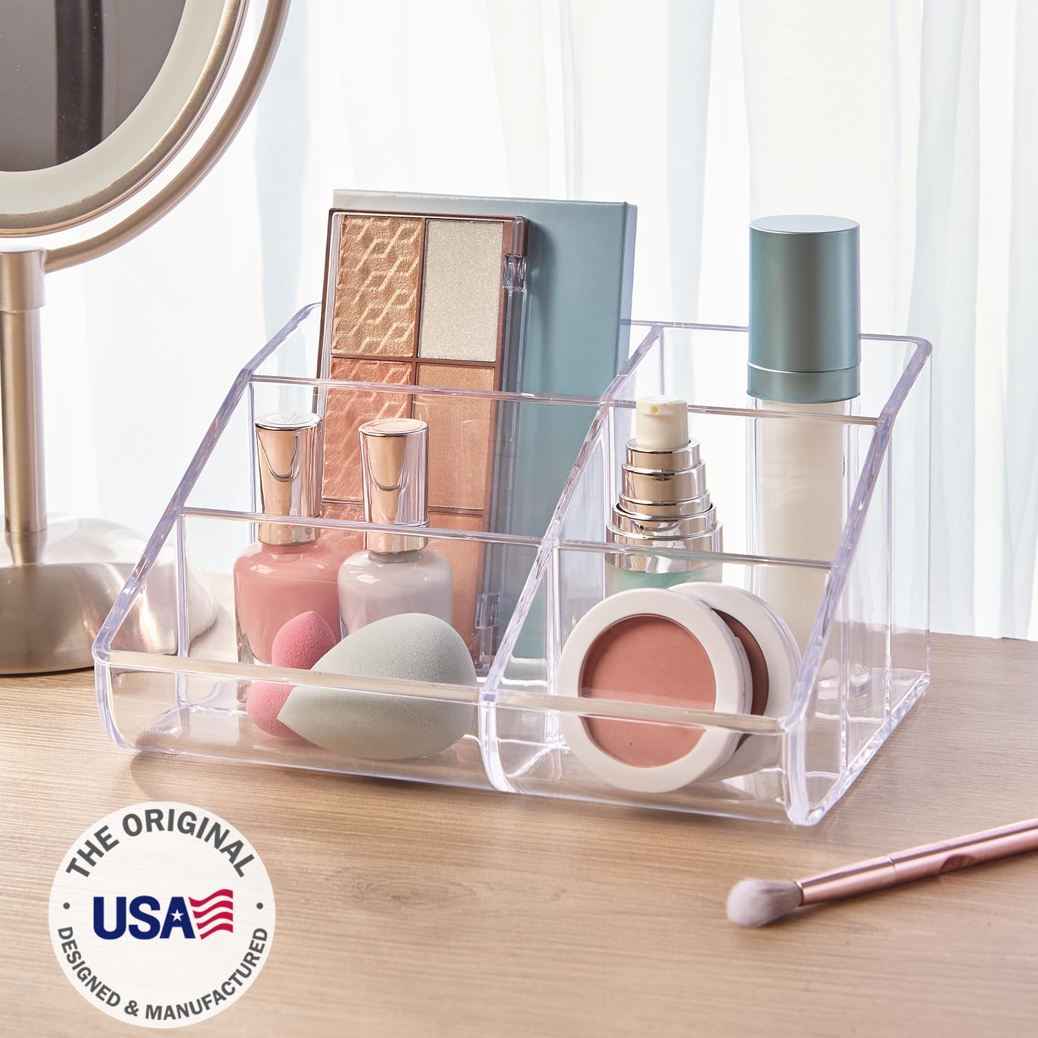 STORi organizador para cepillos y paletas de maquillaje, fácil acceso.