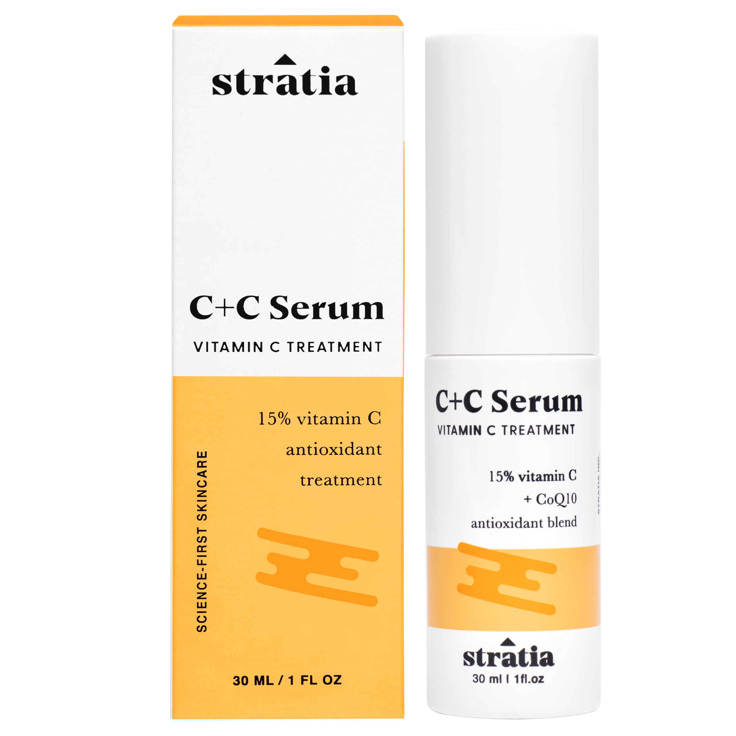 Stratia C+C Serum bottle closeup shows potent vitamin C formula for brightening potential.