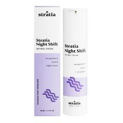 Stratia Night Shift Retinol Cream bottle with convenient pump for nightly use.