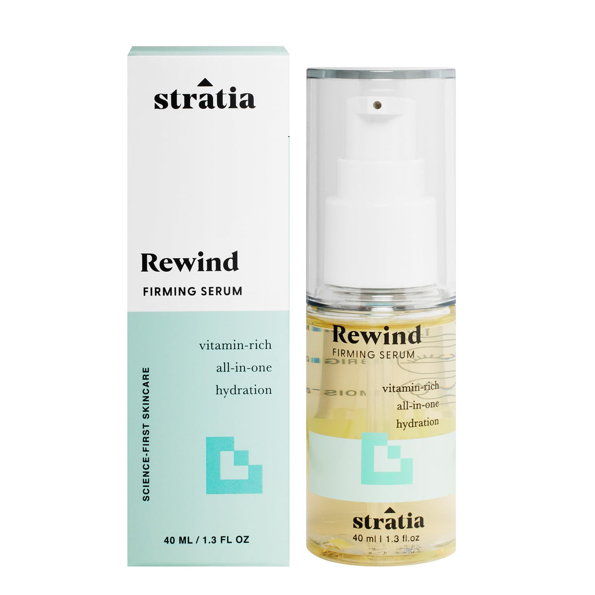 Botella Stratia Rewind Sérum, diseño compacto para hidratación diaria.